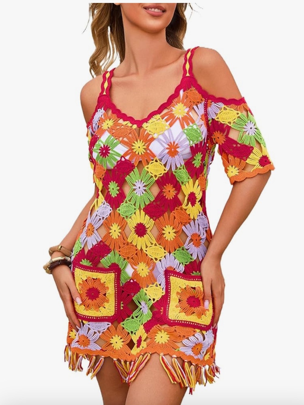 NWT Colorful Crochet Daisy Cover-Up Dress 🌼 Boho Beach Festival Mini
